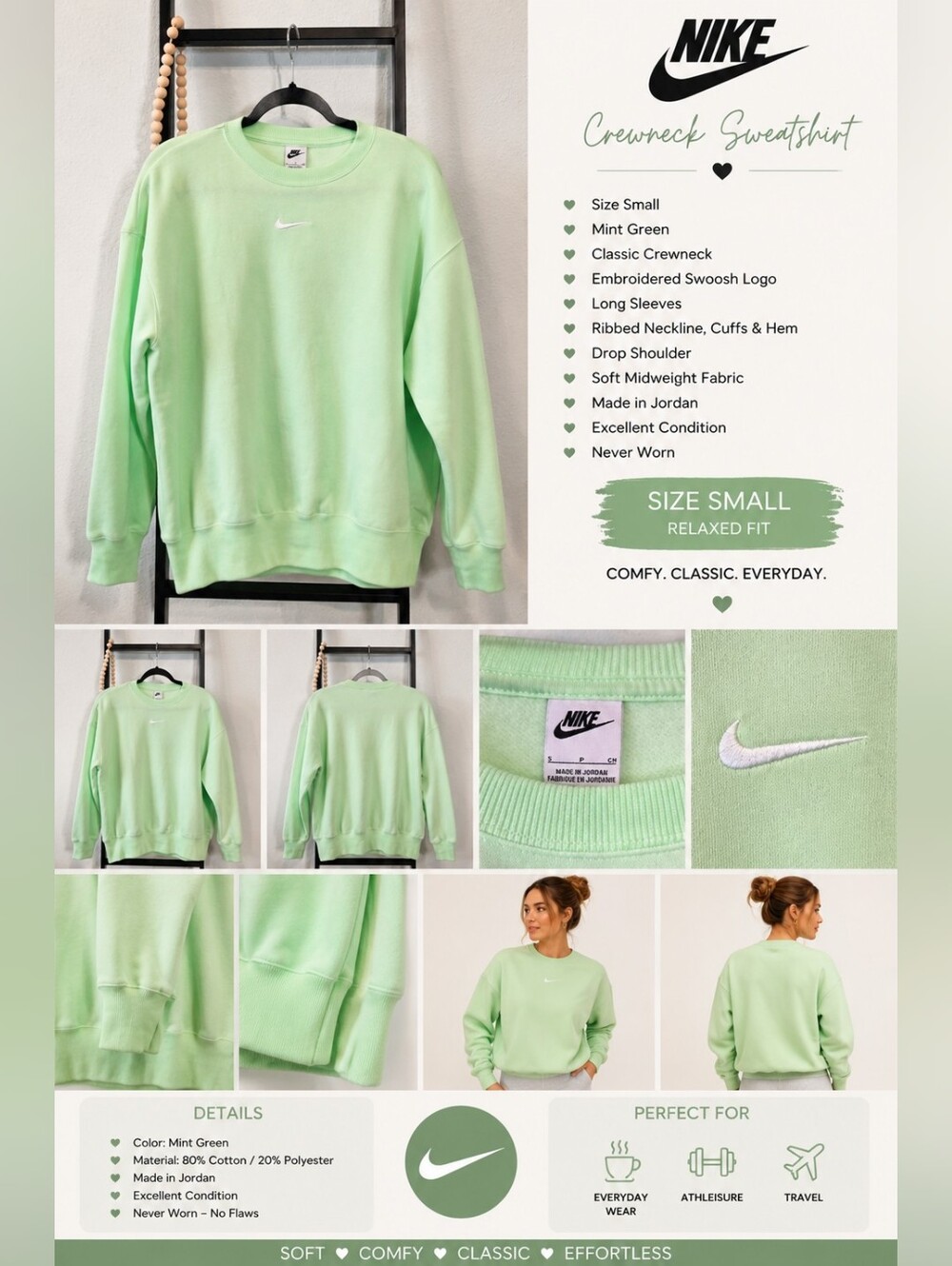 Nike Mint Green Embroidered Swoosh Crewneck Sweatshirt – Small